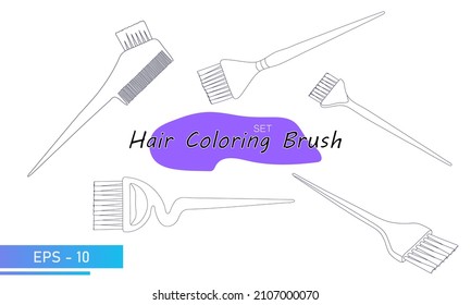 A set of brushes for coloring hair on the head. Hair color change. Tools for a beauty salon, hairdresser or stylist. In lines. Vector illustration.