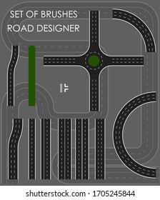 set of brushes. Constructor of road sections with marking lines. Crossroads. Set of elements for designing traffic. Isolated vector