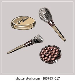 Set of brushes, cosmetic brushes. Powder, shadows. Ball blush, eye shadow. Beauty shop, beauty box. Set of decorative cosmetics. Vector isolated objects.