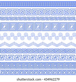 Set of brushes to create the Greek Meander patterns.Greek traditional borders. Decoration elements in blue color isolated on white background. Could be used as divider, frame, etc.Vector illustration