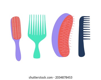 Set of brushes for curly hair care. Curly girl method (CGM) concept. Vector illustration of diffrent combs