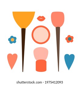 A set of brushes for eyeshadow and blush and a sponge with powder. Cosmetic and SPA face skin care products. Natural organic cosmetic product. Banner with beauty products.  Flat vector illustration.