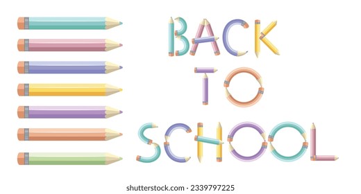 Un conjunto de pinceles en forma de lápices de colores. Aislar sobre un fondo blanco. Inscripción de lápices es hora de ir a la escuela. Ilustración vectorial.