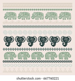 set of brushes Indian Elephant with native zigzag ornaments ornamental strips. Hand drawn ethnic tribal decorated Elephant. dark olive green contour on Beige background. Vector