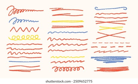 Set of brushes, lines, strokes drawn with wax crayon, pastel, textured underline elements for notepad, presentation, note, wallpaper. Vector illustration Eps10