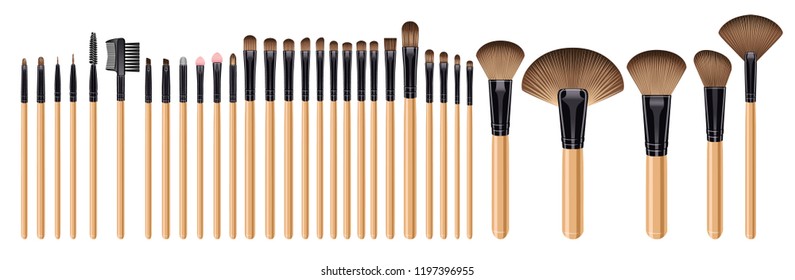 A set of brushes for makeup. 32 forms of brushes. Brown hair.