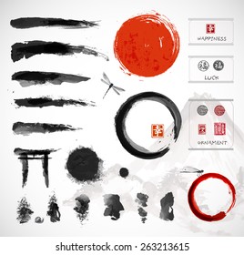 Set of brushes and other design elements, hand-drawn with ink in traditional Japanese style sumi-e. Red circle - symbol of Japan, enso zen circles, hieroglyphs, decorative stamps. Vector illustration. - Shutterstock ID 263213615