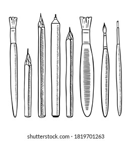 Conjunto de pinceles, ilustración vectorial de estilo de grabado de lápices