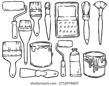 Ein Satz von Bürsten und Walzen zum Lackieren von Wänden und Reparaturen. Vektorgrafik im Doodle-Stil.
