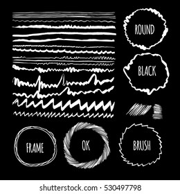 Set of brushes and the round part is made of ink. Vector objects isolated on black background