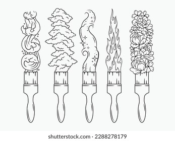 Set of brushes with strokes. Collection of brushes with natural colors and elements. Vector illustration isolated on white background.