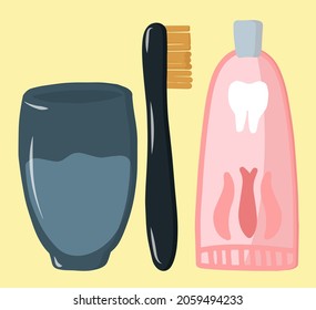 Set for brushing teeth and oral hygiene. Morning routine. Dental care. Vector flat and maultasch illustration on a yellow background. Collection of tooth brush and paste, glass with water for mouthpot