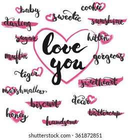 Set of brushpen lettering and calligraphy affectionate nickname for your significant other on the pink brush stamp and hearts. Template for greeting card or invitations for Valentines Day.