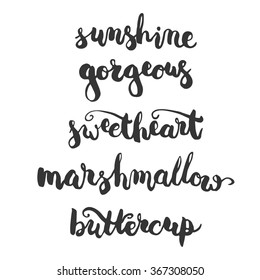 Set of brushpen lettering and calligraphy affectionate nickname for your significant other with such word as sunshine, darling, gorgeous and other. Template for invitations card for Valentines Day.
