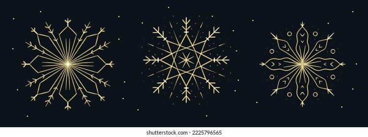 Set of brushstroke hand drawn Gold Snowflakes for Christmas design. Winter Holidays isolated elements