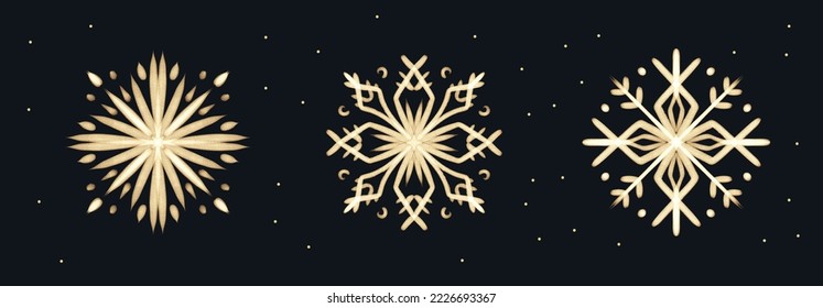 Set of brushstroke hand drawn Gold Snowflakes for Christmas design. Winter Holidays isolated elements