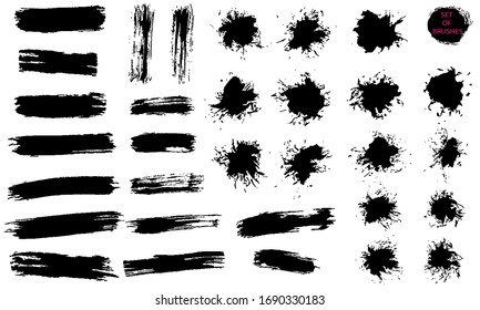 A set of brushstrokes. A collection of vector black splashes and lines for grunge design and decor, isolated on a white background.