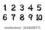 Set of brush-touch hand-drawn vector illustrations of numbers 1-10. The color is black, set of 10 illustrations.
