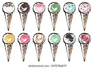 Set of brush-touch illustrations of ice cream on cones of various flavors