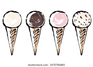 Set of brush-touch illustrations of ice cream on cones of various flavors