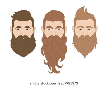 Conjunto de brutales cabezas masculinas con barba. Hombres con peinados de moda y estilo barba y bigote. Hombre hipster. Concepto de Barbershop. Ilustración del vector aislada en fondo blanco