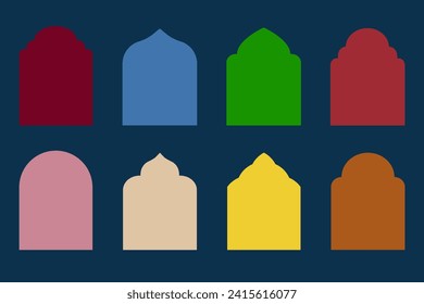 Set of brutal geometric backgrounds, windows, arches in Eastern Muslim style, modern design elements, patches and stickers of primitive shapes. Bright shapes. Scandinavian design