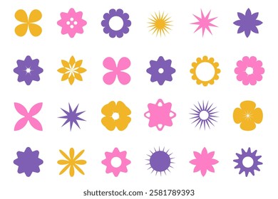 Set of brutal geometric floral star shapes. Retro y2k. Brutalist basic shapes. Vector.