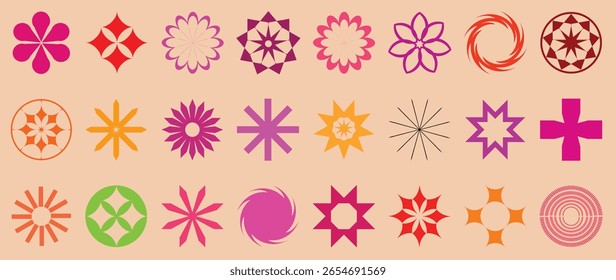 Set of brutal geometric playful flower star shapes. Brutalist basic figures. design elements.