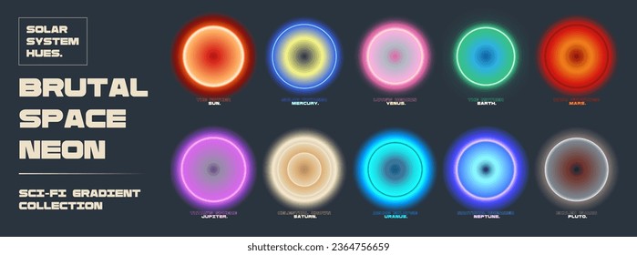 Set of Brutal Space Neon Gradients. Circular Blurry Color Gradients for Modern Design and Sci-fi Futuristic Concepts. Gradient Solar System Ring Shapes Cosmos Collection. 