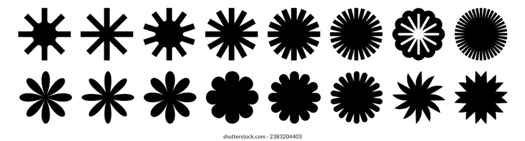 Set of brutalism figure shapes, minimalist geometric elements. Sun rays frame. Brutalist Vector icons and signs. Contemporary elements design Swiss style figures stars, flowers, circles

