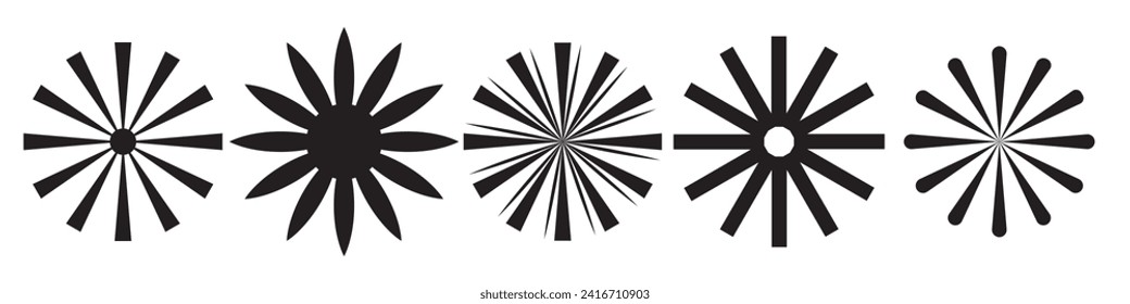 Set of brutalism figure shapes, minimalist geometric elements, star flower, sun ray frame design. Brutalist design icons and signs. Modern elements swiss style figures stars flowers circles