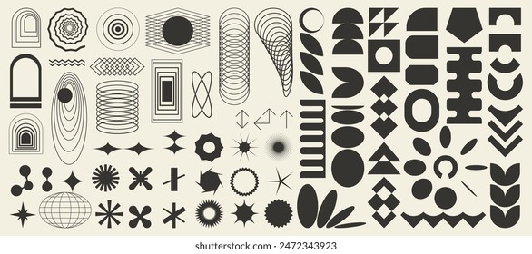 Set of brutalist abstract geometric elements, brutal contemporary figure, swiss design , bauhaus memphis shapes and grids for light backgrounds, isolated n black and white