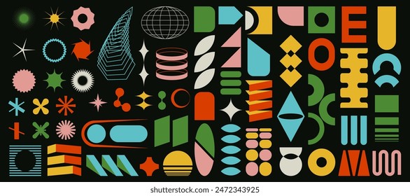 Set of brutalist abstract geometric elements, brutal contemporary figure, swiss design , bauhaus memphis shapes and grids for dark backgrounds, isolated