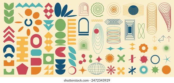 Set of brutalist abstract geometric elements, brutal contemporary figure, swiss design , bauhaus memphis shapes and grids for light backgrounds, isolated