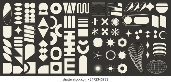 Set of brutalist abstract geometric elements, brutal contemporary figure, swiss design , bauhaus memphis shapes and grids for light backgrounds, isolated n black and white