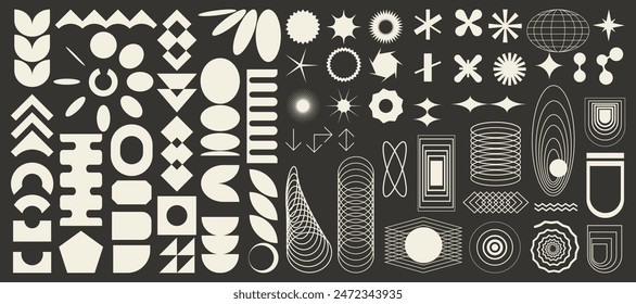 Set of brutalist abstract geometric elements, brutal contemporary figure, swiss design , bauhaus memphis shapes and grids for light backgrounds, isolated n black and white