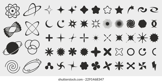 Set of brutalist abstract geometric shapes, bauhaus memphis geometric elements. Trendy minimalist basic figures, stars, lines, flowers, circles in black and white colors. 