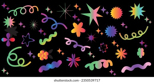 Set brutalist abstract geometric shapes, sticker pack. Contemporary figure spiral, flowers, star, lines.Groovy funky flower, bubble, star, loop, waves in trendy retro 90s 00s  cartoon style. Vector