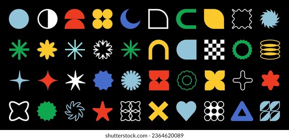 Set of brutalist abstract geometric shapes and forms. Brutal contemporary figures, stars, flowers and other primitive elements. Trendy Y2K signs and symbols.