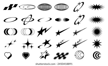 Set of brutalist abstract geometric shapes and grids. Brutal modern shapes, stars, lines, circles, oval spiral flower and other primitive elements, Memphis geometric silhouette elements vector set