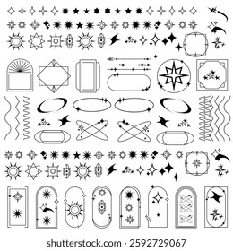 Set of brutalist abstract geometric shapes, Bauhaus Memphis geometric elements. Trendy minimalist basic figures, stars, lines, flowers, circles in black and white colors.