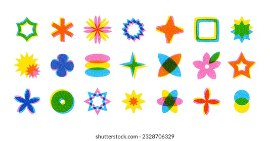 Set brutalist abstract shapes, minimalist elements bauhaus shapes. Trendy contemporary primitive elements. Vector illustrations in the style of risography.