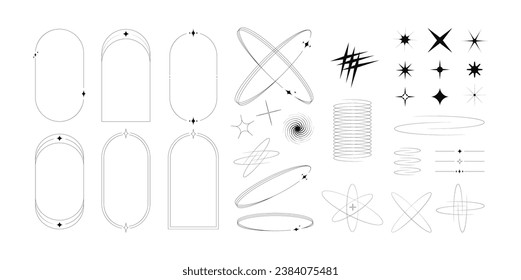 Set of brutalist Doodle Shapes, Geometric Forms. Bauhaus Minimalist Graphic Design Elements. Trendy Y2K .  Vector set of retro futuristic shapes, icons, basic figures, minimalist elements.