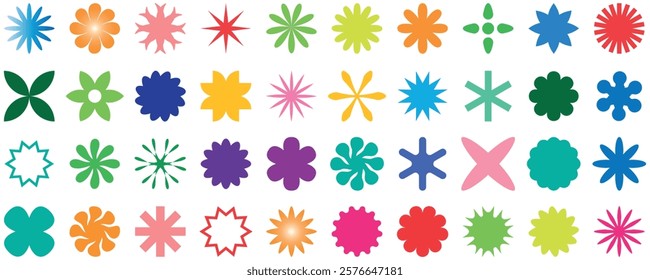  Set of brutalist geometric shape big vector set. Brutal contemporary figure star oval spiral flower and other primitive elements.