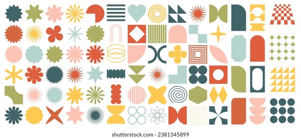 Set of of brutalist geometric shapes. Trendy abstract minimalist figures, stars, flowers, circles.Vector illustration