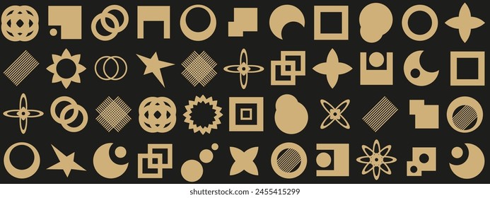 Conjunto Brutalist Formas geométricas en el fondo negro aislado de estilo minimalista de moda. Simple colección de formas de geometría dorada. La estética artística del Vector del Y2K puede utilizar el Diseño web. EPS 10