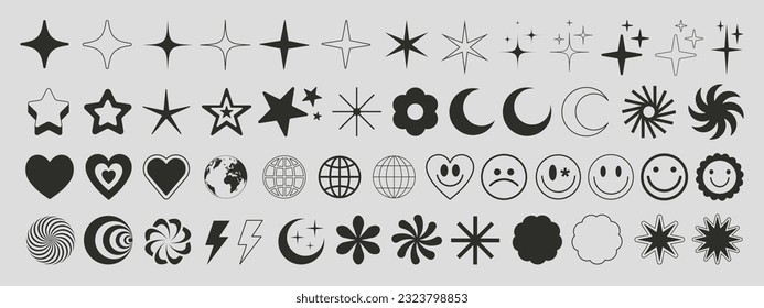 Conjunto de diseño de vectores de formas geométricas brutales. Colección de figuras abstractas de moda genial. Elementos gráficos. Iconos espumosos. Emoticonos. Símbolos de estrellas.