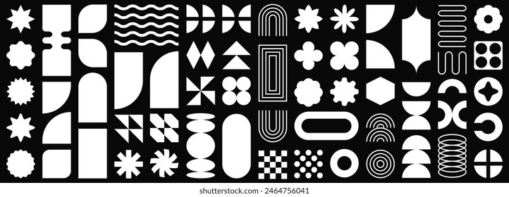 Set of Brutalist Geometric Shapes Vector Design.Brutal contemporary figure star oval spiral flower and other primitive elements. Swiss design aesthetic. Bauhaus memphis design.