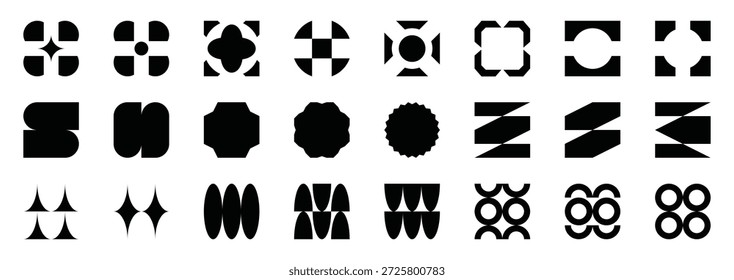 Conjunto de Formas geométricas brutalistas Vector Design.Brutal figura contemporánea estrella oval flor espiral y otros Elementos primitivos. Estética de diseño suizo. Bauhaus memphis