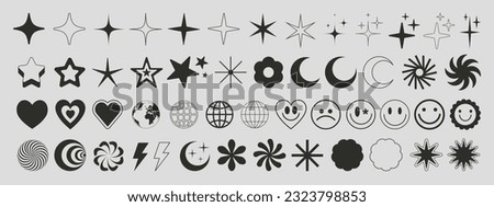 Set of Brutalist Geometric Shapes Vector Design. Cool Trendy Abstract Figures Collection. Graphic Elements. Sparkle Icons. Emoticons. Stars Symbols.